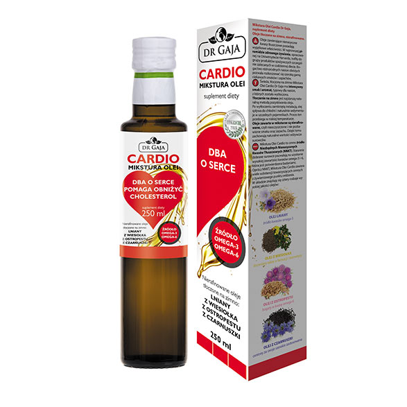 MIKSTURA OLEI CARDIO Dr Gaja olej lniany, z wiesiołka, z czarnuszki, z ostropestu, suplement diety, 250 ml