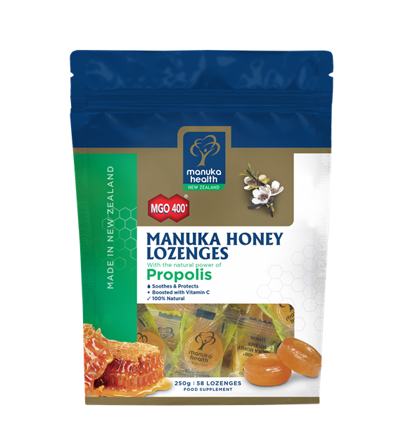 DUŻA PAKA CUKIERKI Z MIODEM MANUKA MGO™ 400+, propolisem i witaminą C,  250g