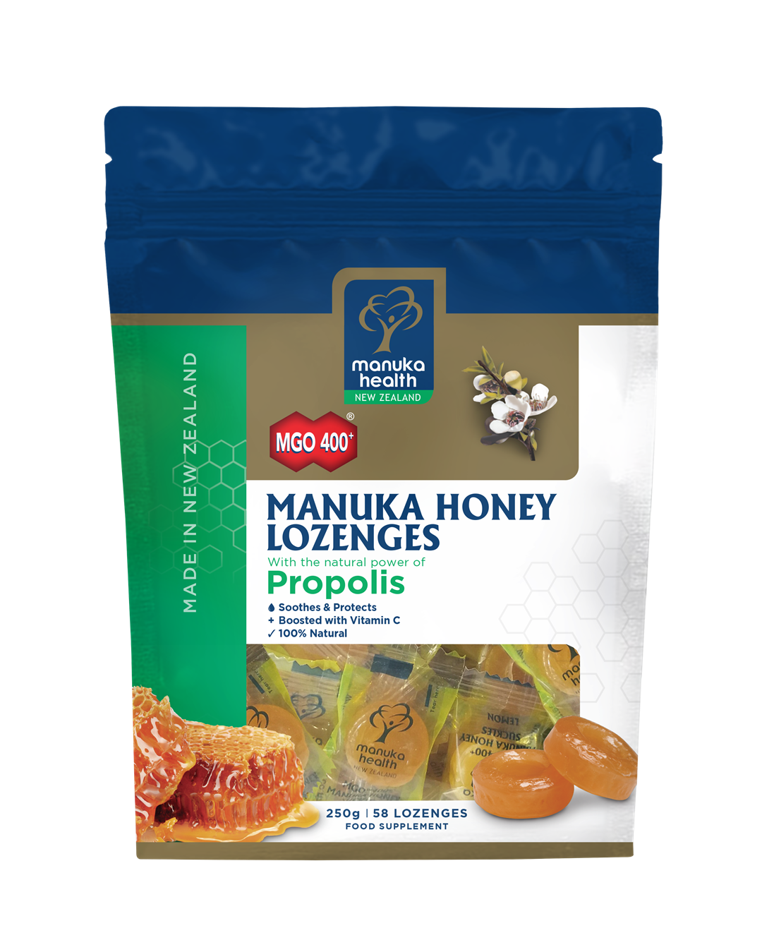 DUŻA PAKA CUKIERKI Z MIODEM MANUKA MGO™ 400+, propolisem i witaminą C,  250g