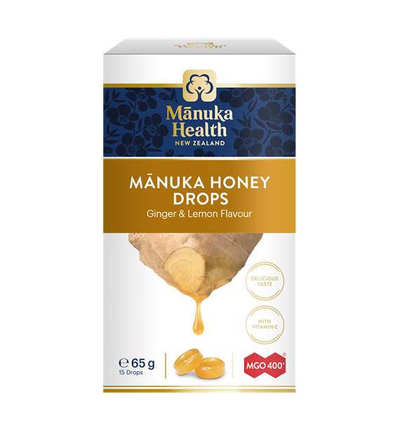 CUKIERKI Z MIODEM MANUKA MGO™ 400+ i witaminą C, o smaku imbirowo-cytrynowym