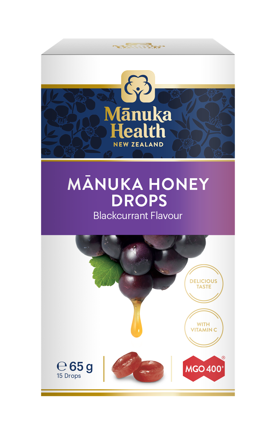 CUKIERKI Z MIODEM MANUKA MGO™ 400+ i witaminą C, o smaku czarnej porzeczki